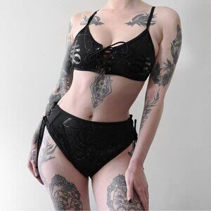 Killstar ✦ Charla Black-on-Black Lace-Up Bikini Set ✦ Witchy Occult Swim M